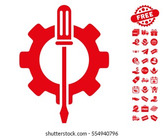 Tuning Options Gear icon with free bonus design elements. Vector illustration style is flat iconic symbols, red color, white background.
