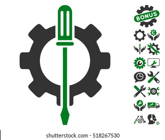 Tuning Options Gear pictograph with bonus setup tools pictures. Vector illustration style is flat iconic green and gray symbols on white background.