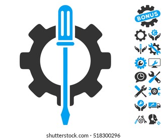 Tuning Options Gear pictograph with bonus service pictograph collection. Vector illustration style is flat iconic blue and gray symbols on white background.