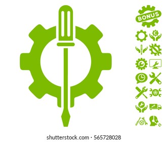 Tuning Options Gear pictograph with bonus options design elements. Vector illustration style is flat iconic eco green symbols on white background.