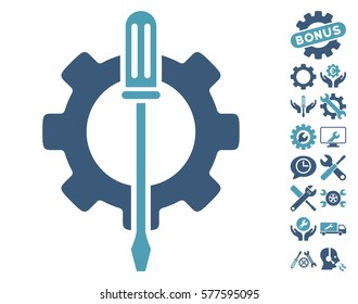 Tuning Options Gear pictograph with bonus service pictograph collection. Vector illustration style is flat iconic cyan and blue symbols on white background.
