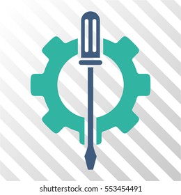 Tuning Options Gear vector pictograph. Illustration style is flat iconic bicolor cobalt and cyan symbol on a hatched transparent background.