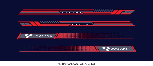 Tuning racing sport stripes. Sports racing stickers, sports car, motorbike and boat decals. Striped vehicle tuning bars flat vector illustration set