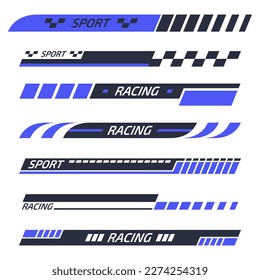 Tuning racing stickers. Sports car, motor boat stripes, vehicle tuning decals flat vector illustration set. Tuning striped sport bars