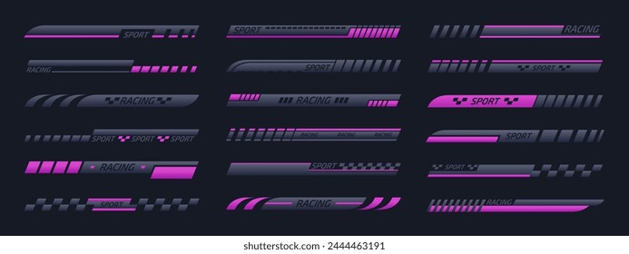Tuning Rennstreifen. Rennsportwagen oder motorisierte gestreifte Fahrzeugstangen, Aufkleber für Motorbootabstimmungen, flache Vektorillustration. Extremsport-Aufkleber
