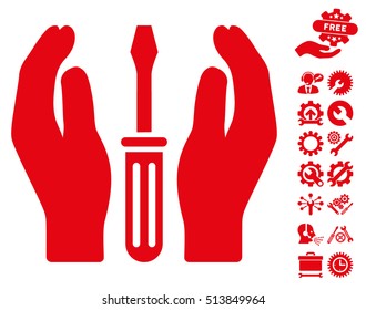 Tuning Screwdriver Care Hands icon with bonus service images. Vector illustration style is flat iconic red symbols on white background.
