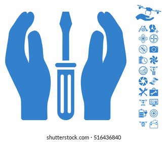 Tuning Screwdriver Care Hands icon with bonus quad copter tools pictures. Vector illustration style is flat iconic cobalt symbols on white background.