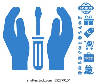 Tuning Screwdriver Care Hands icon with free bonus pictograph collection. Vector illustration style is flat iconic symbols, cobalt color, white background.