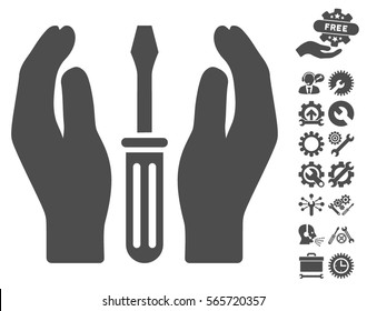 Tuning Screwdriver Care Hands icon with bonus options clip art. Vector illustration style is flat iconic gray symbols on white background.