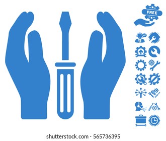 Tuning Screwdriver Care Hands icon with bonus options pictures. Vector illustration style is flat iconic cobalt symbols on white background.