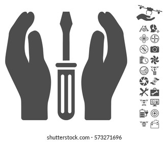 Tuning Screwdriver Care Hands icon with bonus quadrocopter service clip art. Vector illustration style is flat iconic gray symbols on white background.