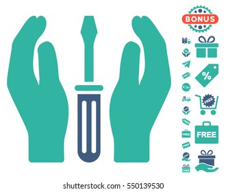 Tuning Screwdriver Care Hands pictograph with free bonus pictograph collection. Vector illustration style is flat iconic symbols, cobalt and cyan colors, white background.