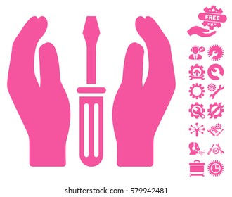 Tuning Screwdriver Care Hands pictograph with bonus options symbols. Vector illustration style is flat iconic pink symbols on white background.