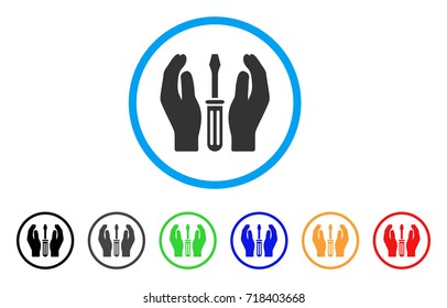 Tuning Screwdriver Care Hands rounded icon. Style is a flat tuning screwdriver care hands gray symbol inside light blue circle with black, gray, green, blue, red, orange variants.