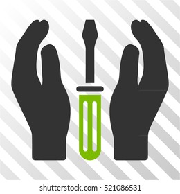 Tuning Screwdriver Care Hands vector icon. Illustration style is flat iconic bicolor eco green and gray symbol on a hatched transparent background.