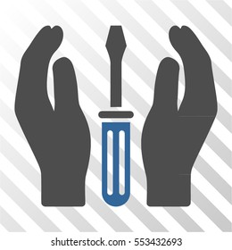 Tuning Screwdriver Care Hands vector pictogram. Illustration style is flat iconic bicolor cobalt and gray symbol on a hatch transparent background.