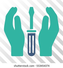 Tuning Screwdriver Care Hands vector icon. Illustration style is flat iconic bicolor cobalt and cyan symbol on a hatched transparent background.