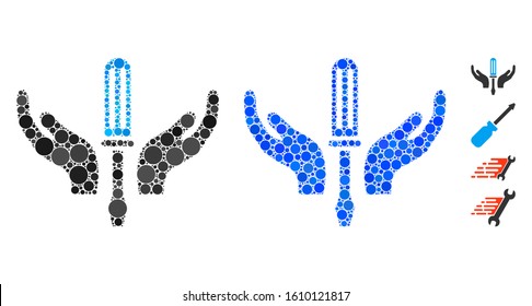 Tuning screwdriver maintenance composition of round dots in various sizes and shades, based on tuning screwdriver maintenance icon. Vector round elements are grouped into blue composition.