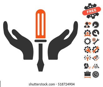 Tuning Screwdriver Maintenance icon with bonus tools symbols. Vector illustration style is flat iconic orange and gray symbols on white background.