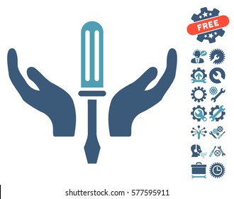 Tuning Screwdriver Maintenance icon with bonus options pictograms. Vector illustration style is flat iconic cyan and blue symbols on white background.