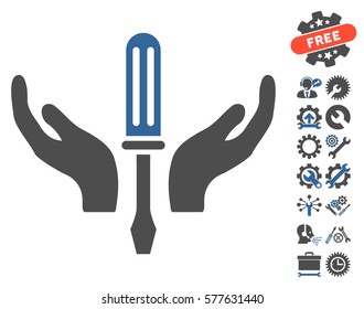 Tuning Screwdriver Maintenance icon with bonus options symbols. Vector illustration style is flat iconic cobalt and gray symbols on white background.