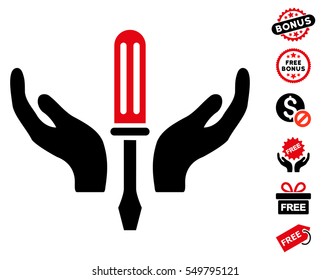 Tuning Screwdriver Maintenance icon with free bonus pictures. Vector illustration style is flat iconic symbols, intensive red and black colors, white background.