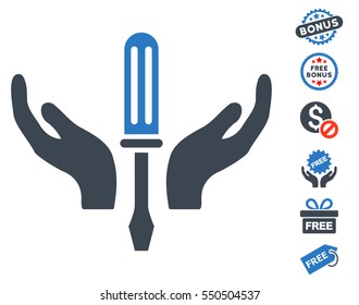 Tuning Screwdriver Maintenance icon with free bonus images. Vector illustration style is flat iconic symbols, smooth blue colors, white background.