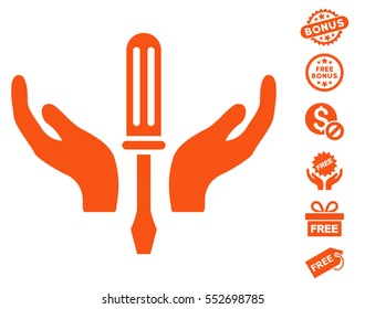 Tuning Screwdriver Maintenance icon with free bonus symbols. Vector illustration style is flat iconic symbols, orange color, white background.