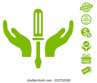 Tuning Screwdriver Maintenance icon with free bonus symbols. Vector illustration style is flat iconic symbols, eco green color, white background.
