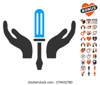 Tuning Screwdriver Maintenance pictograph with bonus valentine pictograph collection. Vector illustration style is flat iconic symbols for web design, app user interfaces.