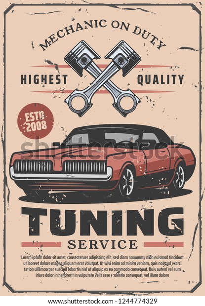 Tuning service, vector retro design. Mechanic\
on duty, car diagnostic and repair service of gasoline engine\
parts, wheel and spanner, pistons or porcer vintage brochure.\
Garage station\
maintenance
