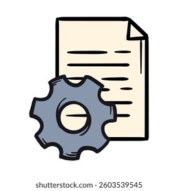 Tuning. A sheet of paper with a gear. A simple vector hand-drawn icon for the design of a website, application, flyer. Illustration isolated on white background