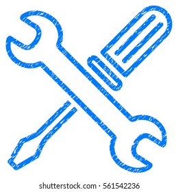 Tuning Tools grainy textured icon for overlay watermark stamps. Flat symbol with dust texture. Dotted vector blue ink rubber seal stamp with grunge design on a white background.