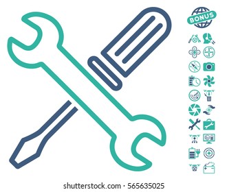 Tuning Tools icon with bonus flying drone service design elements. Vector illustration style is flat iconic cobalt and cyan symbols on white background.