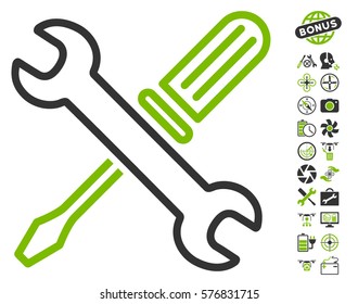 Tuning Tools icon with bonus uav service pictograph collection. Vector illustration style is flat iconic eco green and gray symbols on white background.