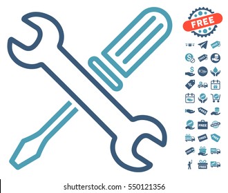 Tuning Tools icon with free bonus symbols. Vector illustration style is flat iconic symbols, cyan and blue colors, white background.