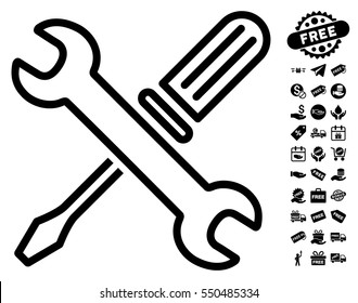 Tuning Tools icon with free bonus images. Vector illustration style is flat iconic symbols, black color, white background.