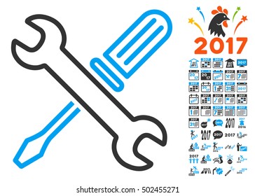 Tuning Tools pictograph with bonus 2017 new year pictograms. Vector illustration style is flat iconic symbols,modern colors, rounded edges.