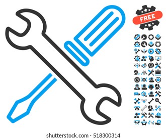 Tuning Tools pictograph with bonus tools clip art. Vector illustration style is flat iconic blue and gray symbols on white background.