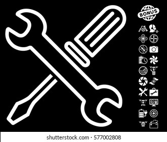 Tuning Tools pictograph with bonus quad copter service pictograph collection. Vector illustration style is flat iconic white symbols on black background.