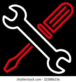 Tuning Tools vector icon. Style is bicolor flat contour symbol, red and white colors, rounded angles, black background.