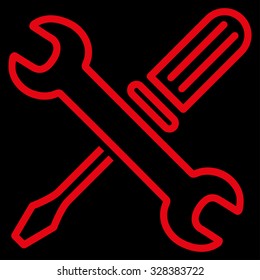 Tuning Tools vector icon. Style is flat contour symbol, red color, rounded angles, black background.