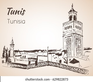 Tunis Cityscape Sketch. Isolated On White Background