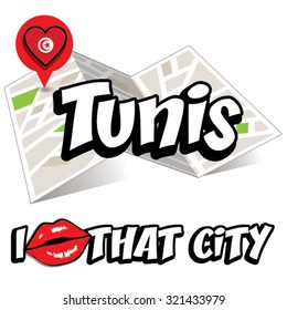 Tunis. I Love That City. Vector Illustration with country flag.