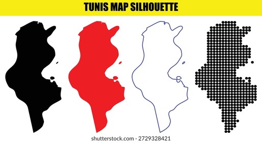Silueta de mapa de Túnez cuatro en un conjunto con diseño diferente aislado sobre fondo a cuadros. Mapa de Túnez silueta negra, rojo, contorno y mapa de puntos