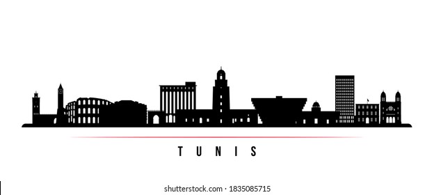 Tunis skyline horizontal banner. Black and white silhouette of Tunis City. Vector template for your design. 