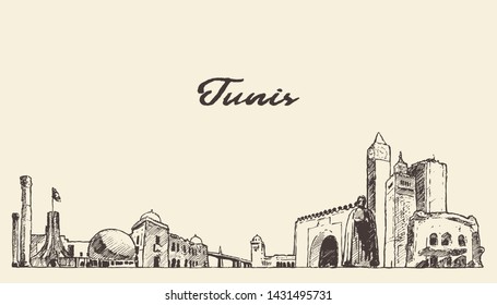 Tunis skyline, Republic of Tunisia, hand drawn vector illustration, sketch