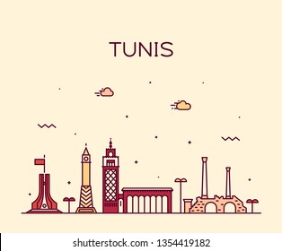 Tunis skyline, Tunisia. Trendy vector illustration, linear style