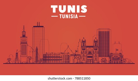 Tunis, ( Tunisia ) city line skyline vector illustration white background. Business travel and tourism concept with modern buildings. Image for presentation, banner, web site.