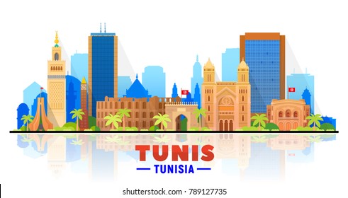 Tunis, (Tunísia) horizonte da cidade ilustração vetorial fundo branco. Conceito de viagens de negócios e turismo com edifícios modernos. Imagem para apresentação, banner, site.